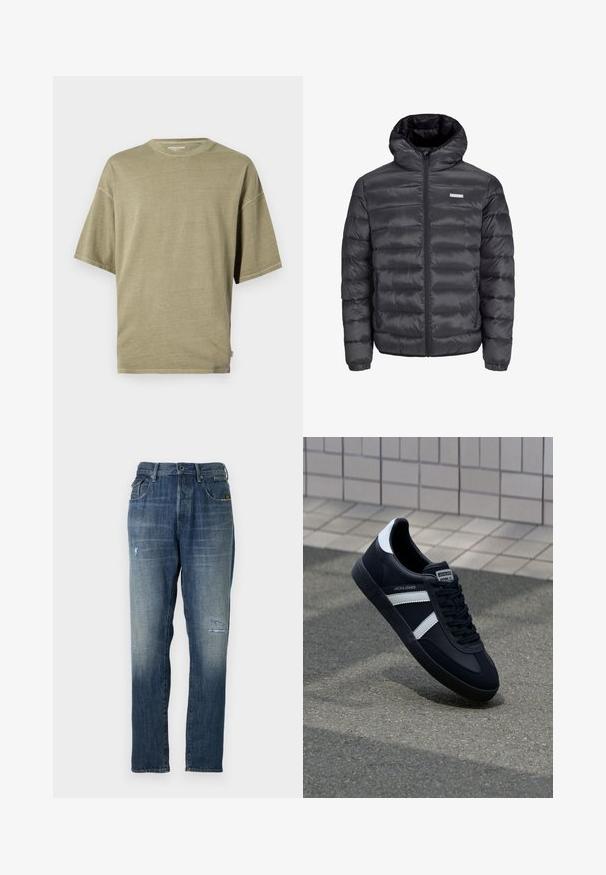 Črna napihnjena jakna s kapuco, ki ima vodoravne prešite odseke, sprednji zadrgo in dva stranska žepa z zadrgo. Gladka tekstura.; Olivno zelen kratkodlaki majica iz mehkega materiala, z okroglo ovratnico in sproščenim krojem s šivanimi robovi.; Denimske hlače v zbledeli modri barvi, s straight leg obliko, z zmernim obrabljenjem spredaj in klasičnim pet-pocket stilom.; Črne usnjene superge z belimi črtami, teksturiran gumijast podplat in zavezovanje spredaj. Imajo označeno oznako na ježku.