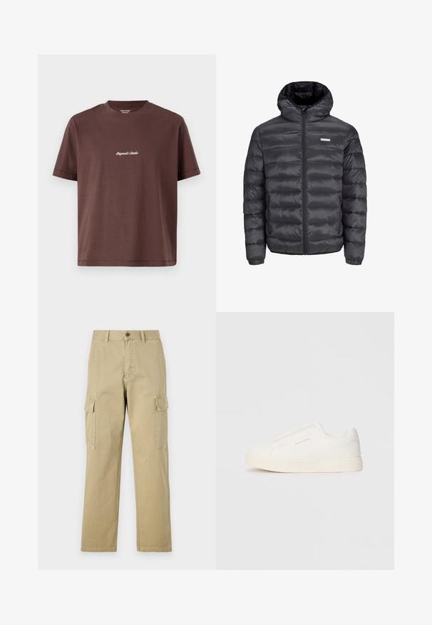 Svart puffjacka med huva, med horisontella quiltade sektioner, en framzipper och två sidofickor med dragkedja. Slät textur.; Brun bomull T-shirt med rund hals. Har korta ärmar och en centralt broderad text som säger "Original Studio" i vitt.; Beige cargobyxor i bomull, med två sidofickor, knappstängning och raka ben i ett något texturerat tyg.; Vita slip-on sneakers med en texturerad yta, en tjock sula och minimalistisk design. Har varumärkeslogotypen på sidan.