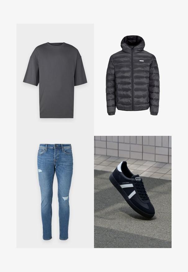 Svart puffjakke med hette, med horisontale kviltede seksjoner, en frontglidelås og to glidelåsede sidelommer. Jevn tekstur.; Overdimensjonert mørkegrå T-skjorte laget av myk bomull, med klassisk rund hals, korte ermer og en enkel, glatt tekstur.; Falmede blå denimjeans med slim fit, med slitte områder ved knærne, knapplukking og fem-lomme-design.; Sorte lærersneaker med hvite striper, teksturert gummihæl og snøring foran. Har et merketikett på tungen.