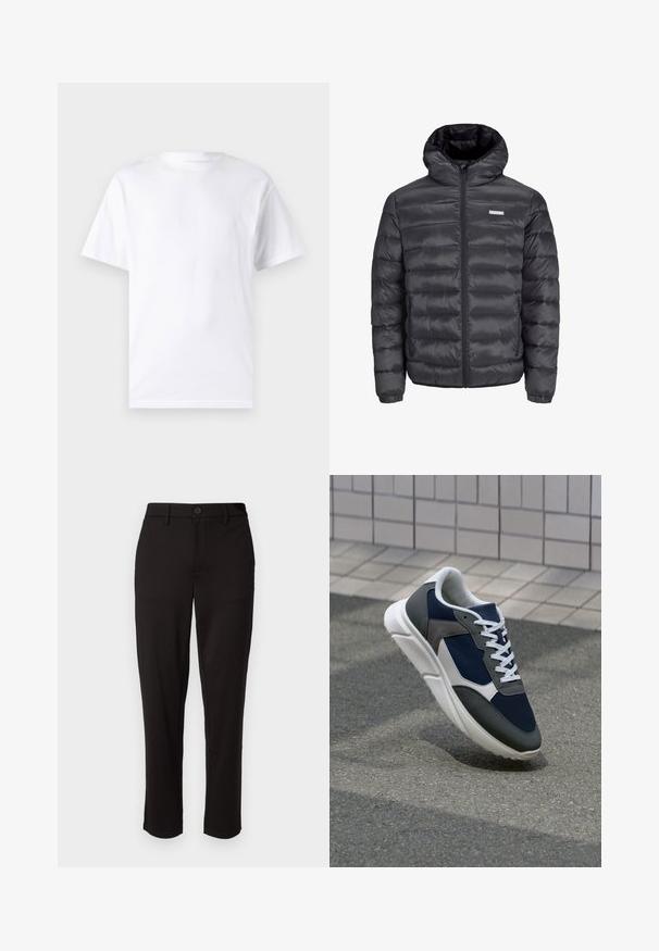 Doudoune noire avec capuche, comportant des sections matelassées horizontales, une fermeture éclair sur le devant et deux poches latérales zippées. Texture lisse.; T-shirt blanc à manches courtes en coton avec un col rond, présentant une texture lisse et un design simple, sans motifs ni accents.; Pantalon noir en tissu léger, avec une coupe droite, fermeture à bouton à l'avant, passants de ceinture et poches latérales.; Baskets avec une tige en mesh bleu marine, des accents en suède gris, une semelle en caoutchouc blanc et des lacets plats blancs, conçues pour le confort et la respirabilité.