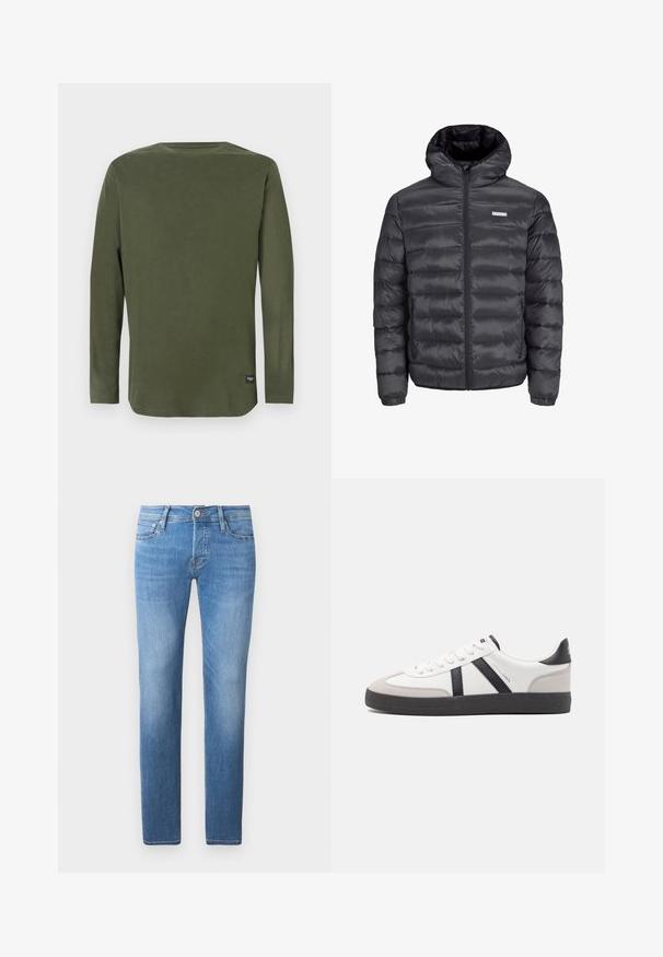 Juodas pūkuotas švarkas su gobtuvu, turintis horizontalius siūlus, priekinius užtrauktukus ir du užtrauktuku uždaromus šoninius kišenius. Lygus paviršius.; Ilgas rankoves, alyvuogių spalvos apvalaus kaklo marškinėliai su mažu juodu etiketu netoli apačios siūlės ant paprasto balto fono.; Šviesiai mėlynos džinsinio audinio kelnės su tiesia kojų iškirpimu, su sagomis ir užtrauktuku, penkiomis kišenėmis ir subtiliu blukimu.; Balti sportbačiai su juodais ir pilkais akcentais, pasižymintys tekstūruotu pilku pirštų dangteliu, juoda gumine padais ir plokščiomis baltomis raišteliais. Švarus dizainas, minimalistinis stilius.