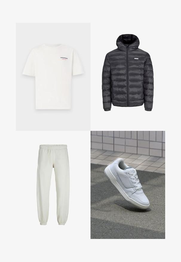 Juodas pūkuotas švarkas su gobtuvu, turintis horizontalius siūlus, priekinius užtrauktukus ir du užtrauktuku uždaromus šoninius kišenius. Lygus paviršius.; Balta medvilninė marškinė su trumpomis rankovėmis ir apvalia iškirpte. Kairėje krūtinės pusėje yra mėlyna ir rožinė "SARDINHAS" tekstas.; Baltos sportinės kelnės, pagamintos iš minkštos medžiagos, su elastinga juosmeniu ir rankogaliais, turinčios lygią tekstūrą ir laisvą siluetą.; Baltos odinės sportinės bateliai su perforuotais šonais, tekstūruotais akcentais, plokščiomis raištelėmis ir kontrastingu pilku kulnu. Yra šiek tiek pakelti padas.