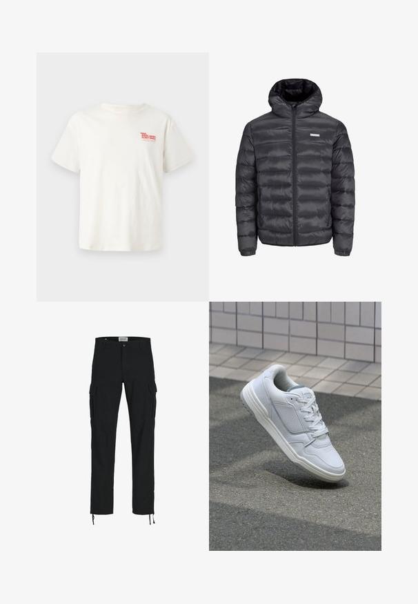 Melnā pūkļu jaka ar kapuci, ar horizontāliem izšuvumiem, priekšējo rāvējslēdzēju un divām ar rāvējslēdzēju aizveramām sānu kabatām. Gluda tekstūra.; Baltas kokvilnas T krekls ar īsām piedurknēm, kuram uz kreisā krūšu laukuma ir sarkans attēls "POOL REPAIR FLOAT SERVICE".; Melni cargo bikses ar taisnu piegriezumu, ar sānu kabatām, pogu aizdari un elastīgām auklām pie potītēm. Izgatavotas no izturīga auduma.; Baltas ādas sporta apavi ar perforētiem sāniem, teksturētām akcentiem, plakanu šņorēšanu un kontrastējošu pelēku papēdi. Iezīmē nedaudz paaugstinātu zole.