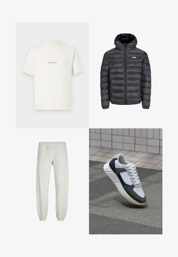 Čierna prešívaná bunda s kapucňou, s horizontálnymi prešívanými sekciami, predným zipsom a dvoma bočnými vreckami na zips. Hladká textura.; Krémové bavlnené tričko s krátkymi rukávmi, okrúhlym výstrihom a vyšívaným logom "Original Studio" v zlatej farbe na hrudi. Mäkká textúra.; Biele teplákové nohavice vyrobené z mäkkej textílie, s elastickým pásom a manžetami, s hladkým povrchom a voľným strihom.; Biele, námornícke a šedé tenisky s kombinovaným materiálom, so štruktúrovaným zvrškom, plochými šnúrkami a polstrovanou podošvou.