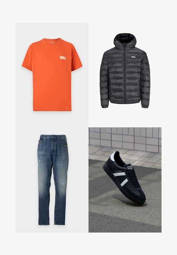 Juodas pūkuotas švarkas su gobtuvu, turintis horizontalius siūlus, priekinius užtrauktukus ir du užtrauktuku uždaromus šoninius kišenius. Lygus paviršius.; Trumpas rankovėmis oranžinis marškinėliai, pagaminti iš medvilnės, su mažuoju baltu "SAINT-TROPEZ" logotipu kairėje krūtinės pusėje. Tiesus kirpimas ir švelni tekstūra.; Džinsai, turintys įblukusią mėlyną spalvą, tiesaus kirpimo dizainą, vidutinį dėvėjimą priekyje ir klasikinį penkių kišenių stilių.; Juodas odinis sportinis batelis su baltais dryžiais, tekstūruota gumine padais ir raišteliais priekyje. Yra prekės ženklą žymintis etiketė ant liežuvio.