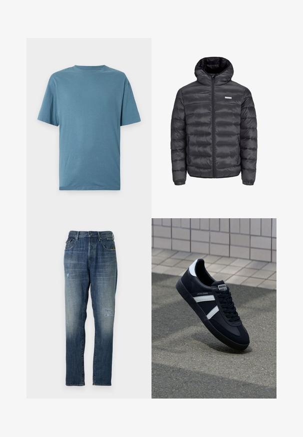 Juodas pūkuotas švarkas su gobtuvu, turintis horizontalius siūlus, priekinius užtrauktukus ir du užtrauktuku uždaromus šoninius kišenius. Lygus paviršius.; Šviesiai mėlyna trumpomis rankovėmis marškinėliai, pagaminti iš minkštos medžiagos. Turi apvalų kaklą ir laisvą siluetą, be raštų ar puošmenų.; Džinsai, turintys įblukusią mėlyną spalvą, tiesaus kirpimo dizainą, vidutinį dėvėjimą priekyje ir klasikinį penkių kišenių stilių.; Juodas odinis sportinis batelis su baltais dryžiais, tekstūruota gumine padais ir raišteliais priekyje. Yra prekės ženklą žymintis etiketė ant liežuvio.