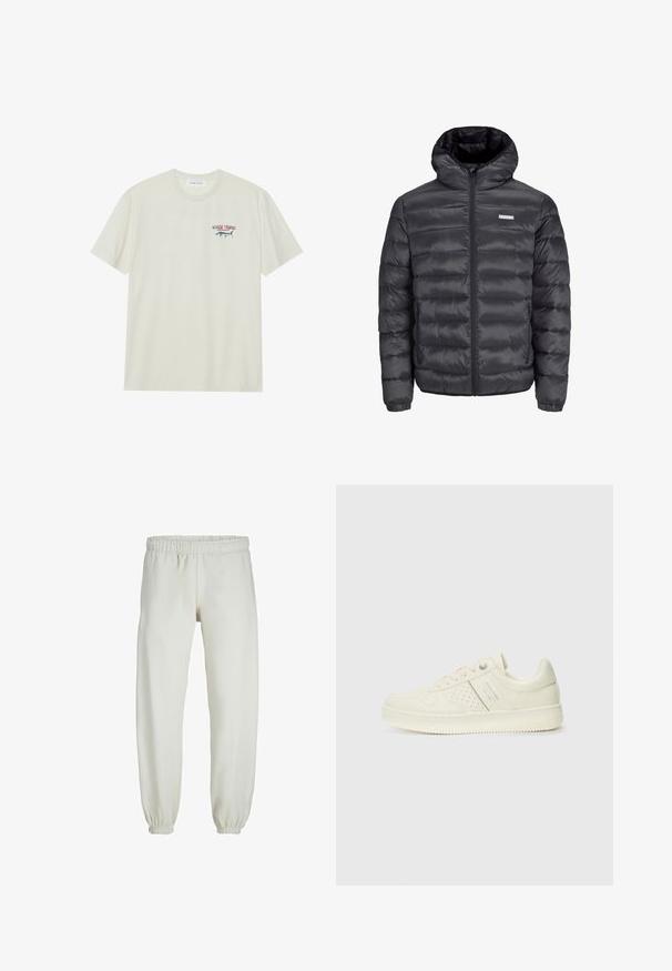 Svart puffjacka med huva, med horisontella quiltade sektioner, en framzipper och två sidofickor med dragkedja. Slät textur.; Ljus krämfärgad bomulls t-shirt med korta ärmar. Har en liten blå och röd grafik av en marlin samt texten "MARLIN TROPHY".; Vita sweatpants gjorda av mjukt tyg, med elastisk midja och muddar, samt en slät textur och lös passform.; Krämfärgad sneaker med perforerade detaljer, snören och logotyp på sidan, visad mot en enkel vit bakgrund.