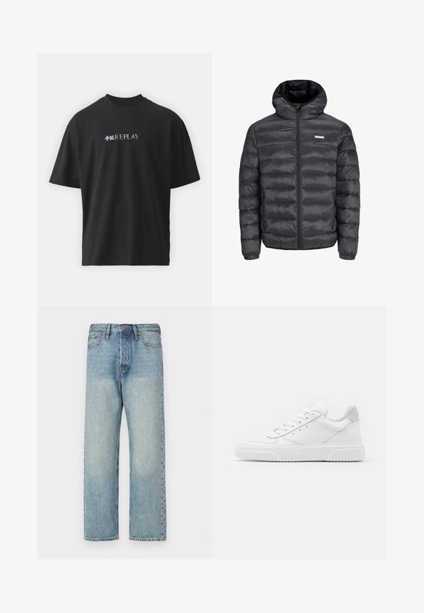 Musta puffatakki hupulla, jossa on vaakaompeleet, etuvetoketju ja kaksi vetoketjullista sivutaskua. Tasainen pinta.; Replay MARTIN GARRIX - Printtipaita - black; Vaaleansiniset farkut suoran lahkeen muotoilulla, viidellä taskulla ja pronssinvärisillä yksityiskohdilla. Vähäistä haalistumista ja siisti viimeistely.; Valkoiset nahkakengät, joissa on sileä pinta, pyöreä kärki, litteät nauhat ja teksturoitu pohja. Harmaa mokkanahka korostaa kantapäätä.