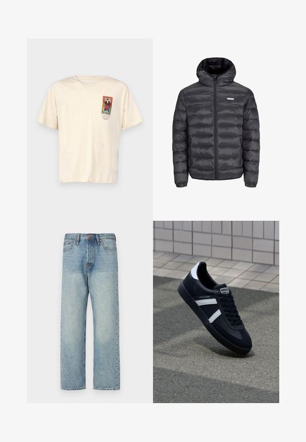 Juodas pūkuotas švarkas su gobtuvu, turintis horizontalius siūlus, priekinius užtrauktukus ir du užtrauktuku uždaromus šoninius kišenius. Lygus paviršius.; Jack & Jones JORORACLE TEE CREW NECK - Marškinėliai su spaudiniu - buttercream; Šviesiai mėlynos džinsinės kelnės su tiesiu kirpimu, penkiomis kišenėmis ir variniais akcentais. Minimalus blukimas su švariu apdailos įvaizdžiu.; Juodas odinis sportinis batelis su baltais dryžiais, tekstūruota gumine padais ir raišteliais priekyje. Yra prekės ženklą žymintis etiketė ant liežuvio.