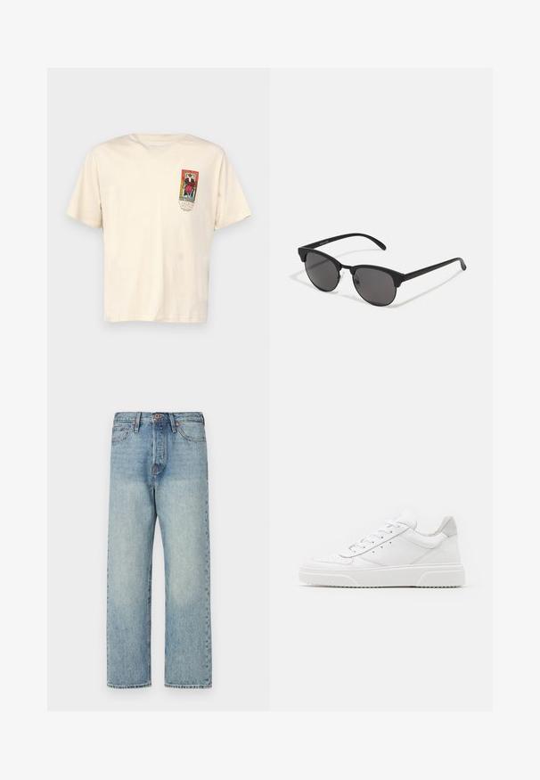 Crna puf jakna s kapuljačom, s horizontalno ušivenim dijelovima, prednjim zatvaračem i dva zatvorena bočna džepa. Glatka tekstura.; Jack & Jones JORORACLE TEE CREW NECK - Majica kratkih rukava s printom - buttercream; Svijetloplavi traperice s ravnim nogavicama, pet džepova i bronze detaljima. Minimalno izblijedjele s čistu završnom obradom.; Bijele kožne tenisice s glatkom površinom, okruglim vrhom, ravnim vezicama i strukturiranom potplatom. Sivi antilop naglasak na peti.; Crne sunčane naočale s okruglim lećama, mat završetkom i specifičnim oblikom mačjih očiju. Tanke naramenice s diskretnim brendiranjem na lijevom hramu.