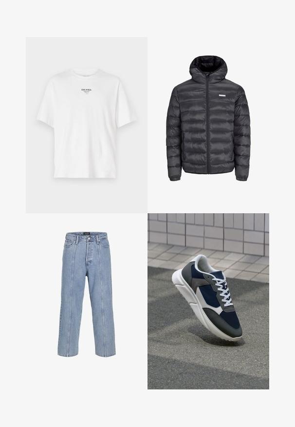 Zwarte gewatteerde jas met een capuchon, met horizontale quilted secties, een rits aan de voorkant en twee ritszakken aan de zijkant. Glad oppervlak.; Witte katoenen t-shirt met een ronde halslijn, korte mouwen en een bedrukte logo met de tekst "ESS.WRD." op de borst, minimalistisch ontwerp.; Lichtblauwe denim jeans met een losse pasvorm, wijde benen en zichtbare stiksels. Voorzien van een knoop- en ritsluiting, vijf zakken.; Sneaker met een marineblauwe mesh bovenwerk, grijze suède accenten, witte rubberen zool en platte witte veters, ontworpen voor comfort en ademend vermogen.