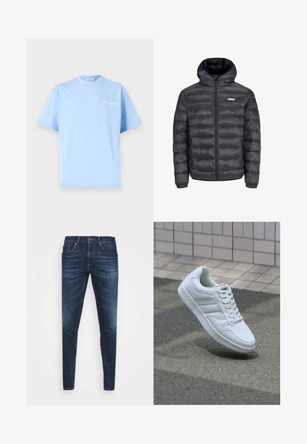 Black puffer jacket with a hood, featuring horizontal quilted sections, a front zipper, and two zippered side pockets. Smooth texture.; Light blue cotton t-shirt with short sleeves, crew neck, and white text “LES CLASSIQUES” printed on the front. Smooth texture, relaxed fit.; Dark blue denim jeans with a slim fit, subtle fade, five pockets, and a metal button closure. Stitched accents in contrasting color.; White athletic sneaker with smooth leather upper, lace-up front, perforated toe, and patterned sole. Minimalist design with three side stripes.