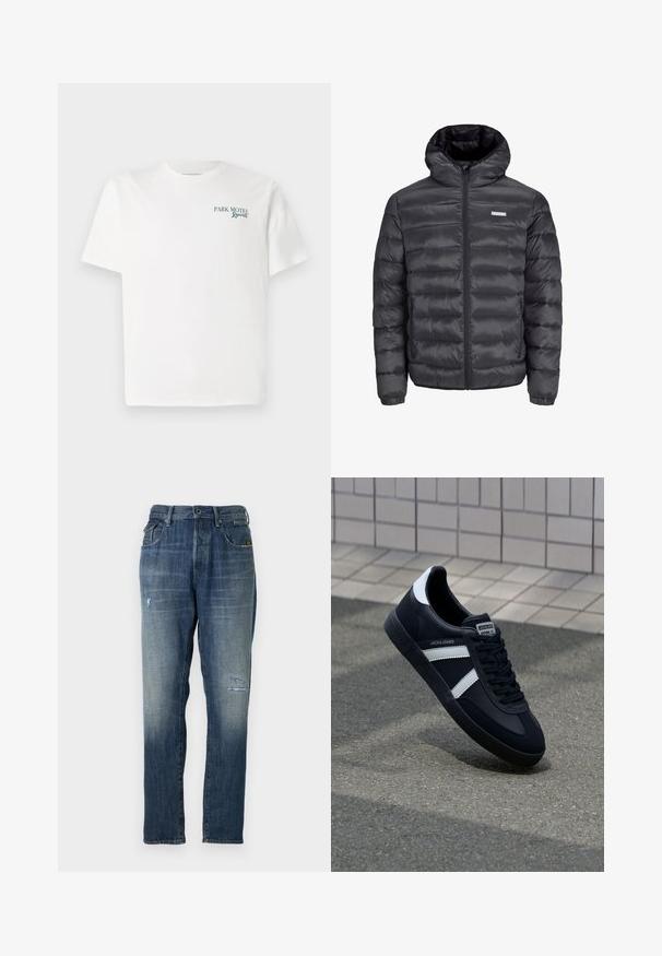 fekete puffermellény kapucnival, vízszintesen steppelt részekkel, elülső cipzárral és két cipzáros oldalzsebbel. Simma textúra.; Fehér pamut póló kerek nyakkivágással. Az elülső részen zöld szöveg: "PARK MOTEL Resort." Rövid ujjú és laza szabású. Sima tapintású.; Fakó kék színű farmeregyenes szárú kialakítással, mérsékelt kopásokkal elöl, valamint klasszikus öt zsebes stílusban.; Fekete bőr sportcipő fehér csíkokkal, textúrált gumitalppal és fűzős elejével. A nyelvén márkás címke található.