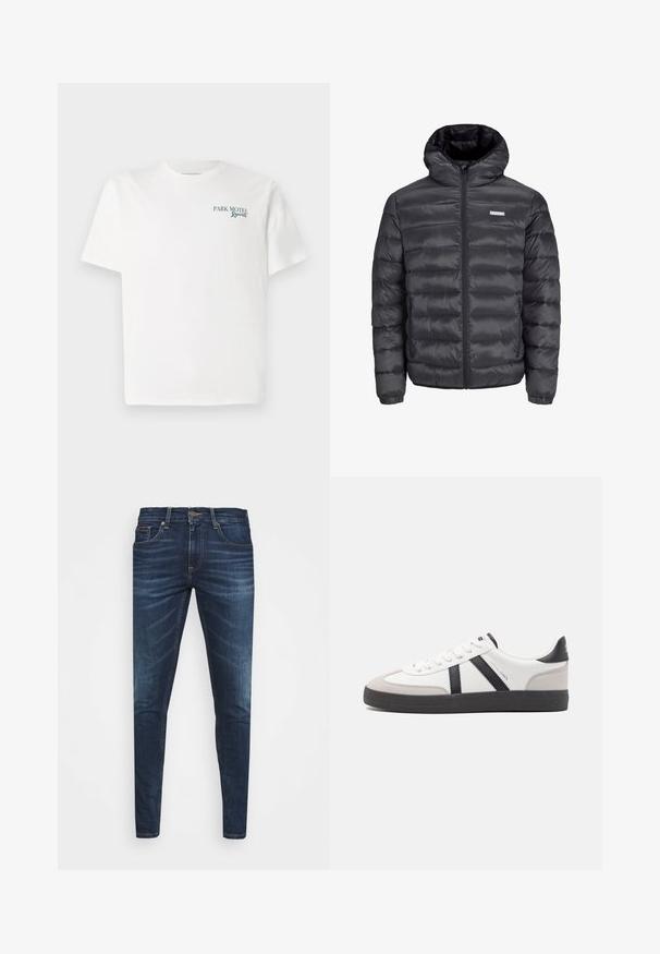 Zwarte gewatteerde jas met een capuchon, met horizontale quilted secties, een rits aan de voorkant en twee ritszakken aan de zijkant. Glad oppervlak.; Witte katoenen t-shirt met een ronde hals. Aan de voorkant staat groene tekst: "PARK MOTEL Resort." Korte mouwen en een relaxte pasvorm. Soepele textuur.; Donkerblauwe denim jeans met een slim fit, subtiele vervaging, vijf zakken en een metalen knoopsluiting. Gestikte accenten in contrasterende kleur.; Witte sneaker met zwarte en grijze accenten, voorzien van een grijze neus met textuur, zwarte rubberen zool en platte witte veters. Schoon ontwerp, minimalistische stijl.