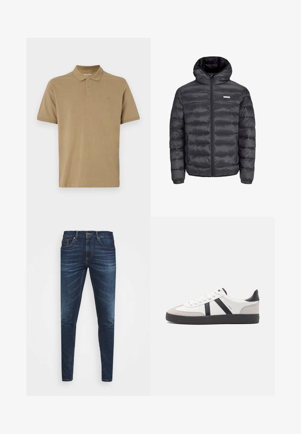 Doudoune noire avec capuche, comportant des sections matelassées horizontales, une fermeture éclair sur le devant et deux poches latérales zippées. Texture lisse.; Polo de couleur khaki en coton, avec un col, une patte de boutonnage à deux boutons, des manches courtes et un petit logo sur la poitrine. Texture lisse.; Jean en denim bleu foncé avec une coupe slim, décoloration subtile, cinq poches et une fermeture à bouton en métal. Accents cousus dans une couleur contrastante.; Baskets blanches avec des accents noirs et gris, présentant un embout texturé gris, une semelle en caoutchouc noir et des lacets plats blancs. Design épuré, style minimaliste.