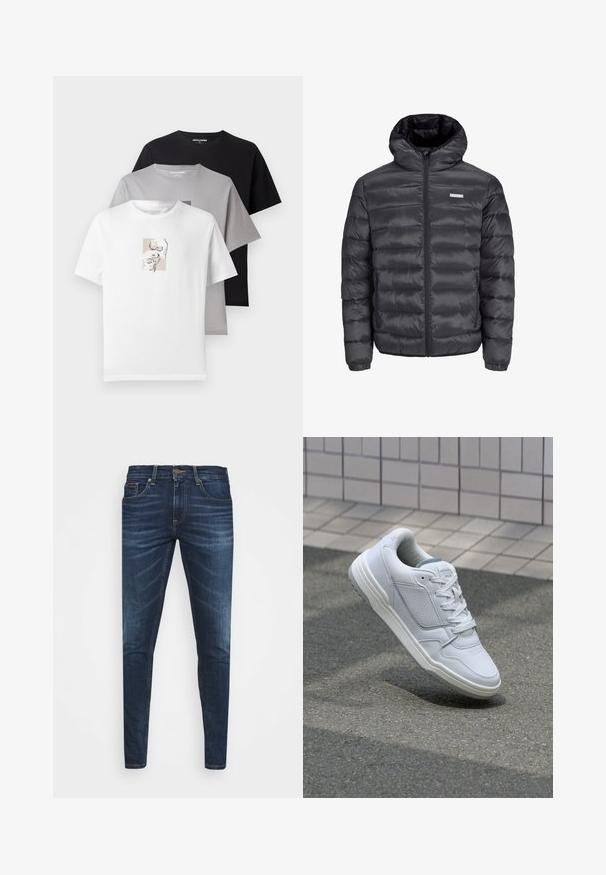 Juodas pūkuotas švarkas su gobtuvu, turintis horizontalius siūlus, priekinius užtrauktukus ir du užtrauktuku uždaromus šoninius kišenius. Lygus paviršius.; Tris marškinėlių: baltas, pilkas ir juodas. Trumpomis rankovėmis, su apvaliais iškirpimais. Baltuose marškinėliuose yra subtilus kaukolių grafinis dizainas. Pagaminti iš medvilnės.; Tamsiai mėlynos džinsinės kelnės su liesu siluetu, subtiliu nusidėvėjimu, penkiomis kišenėmis ir metaliniu mygtuku užsegimui. Įsiūtos akcentai kontrastinga spalva.; Baltos odinės sportinės bateliai su perforuotais šonais, tekstūruotais akcentais, plokščiomis raištelėmis ir kontrastingu pilku kulnu. Yra šiek tiek pakelti padas.