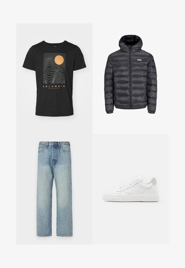 Svart puffjakke med hette, med horisontale kviltede seksjoner, en frontglidelås og to glidelåsede sidelommer. Jevn tekstur.; Columbia CSC™ SEASONAL LOGO TEE - T-shirts med print - black; Lyseblå denimjeans med rett ben-design, fem lommer og bronsebeslag. Minimal falming med en ren finish.; Hvite skinnsko med en glat overflate, rund tå, flate lisser og teksturert såle. Grå semsket innfelt ved hælen.