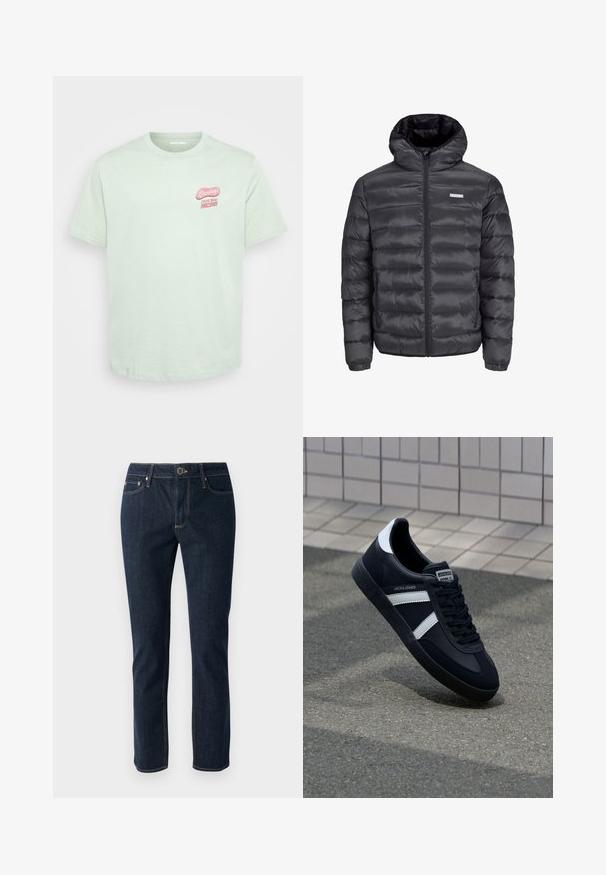 fekete puffermellény kapucnival, vízszintesen steppelt részekkel, elülső cipzárral és két cipzáros oldalzsebbel. Simma textúra.; Világos zöld, rövid ujjú pamut póló kerek nyakkal, az elülső bal mellrészen rózsaszín "Üdvözlet Arizonából" grafikával.; Sötétkék farmernadrág egyenes lábakkal, gombos záródással, öt zsebbel és kontrasztos varrással. Sima textúra.; Fekete bőr sportcipő fehér csíkokkal, textúrált gumitalppal és fűzős elejével. A nyelvén márkás címke található.