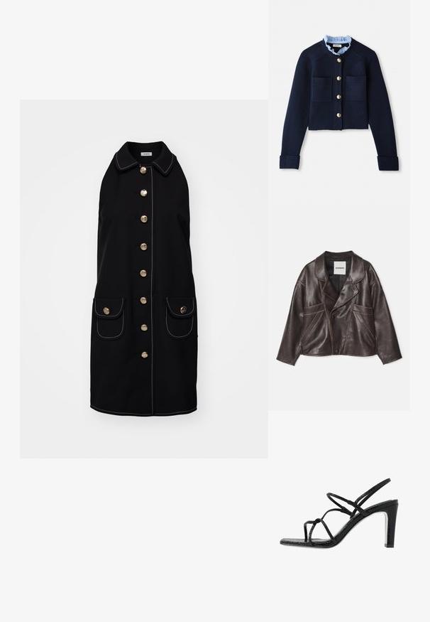 Brun læderjakke med en notch-krave, asymmetrisk knaplukning og fremtrædende sidelommer. Har kontrasterende syninger.; Marineblå cropped cardigan med to forlommer, guldfarvede knapper og en lyseblå flæsekrave. Fremstillet af ribbestrikket materiale.; Sort ærmeløs frakke med krave, med gyldne knapper ned langs fronten, to forlommer og hvide stingdetaljer.; Sorte hælede sandaler med tynde stropper, en tekstureret overflade, åben tå og et slankt, spidst hældesign. Har en glat indersål og en skinnende overflade.