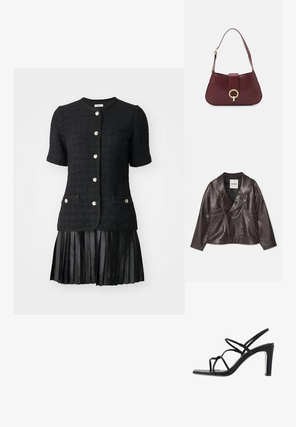 Giacca di pelle marrone con colletto a punte, chiusura asimmetrica con bottoni e ampie tasche laterali. Presenta dettagli di cucitura a contrasto.; sandro ISABEL - Vestito casual - black; Sandali neri con tacco alto, dotati di sottili cinturini, finitura testurizzata, punta aperta e un design elegante con tacco affusolato. Presentano una soletta morbida e una superficie lucida.; Borsa a tracolla in pelle borgogna con forma curva, accentuata da un hardware oro circolare e una singola tracolla. Texture liscia, design minimalista.