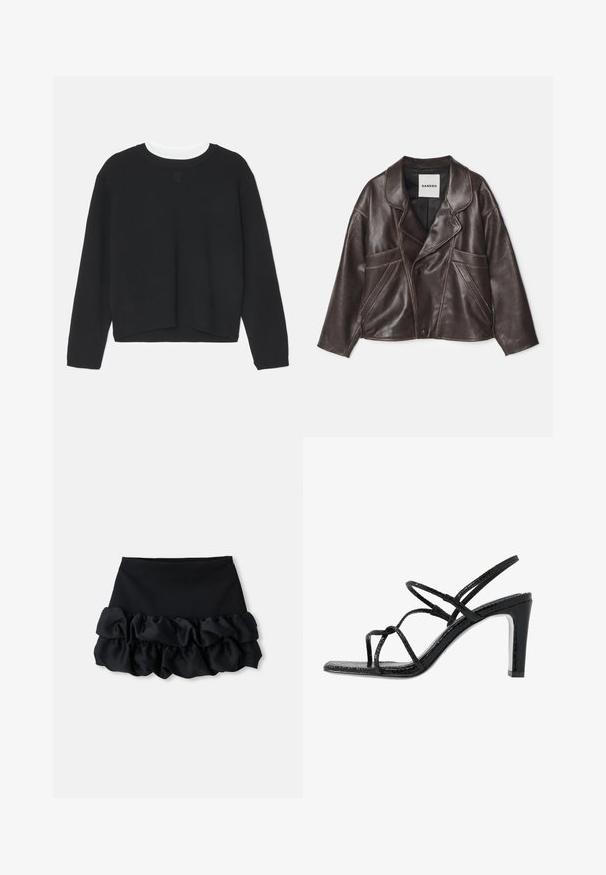 Browns ādas jaka ar iegrieztu apkakli, asimetrisku pogu aizdari un izteiksmīgiem sānu kabatām. Iezīmējas ar kontrastējošām šuvju detaļām.; Melna sporta krekls ar garām piedurknēm, apaļu kakla izgriezumu un nedaudz īsu apakšmalu. Izgatavots no mīksta auduma, uz priekšpuses ir subtila logotipa detaļa.; Pelēks adīts īsām piedurknēm kardigans ar stīgas rakstu, ar džinsa apkakli un pieciem zelta pogām priekšpusē.; Melnā mini svārki ar piegulīgu augšu un trim ruffles slāņiem apakšā, ar gludu tekstūru un tīrām līnijām.; Melnas papēžu siksniņas ar plānām siksnām, teksturētu apdari, atvērtu purngalu un elegantu, smailu papēdi. Iezīmē gludu iekšējo daļu un spīguļojošu virsmu.