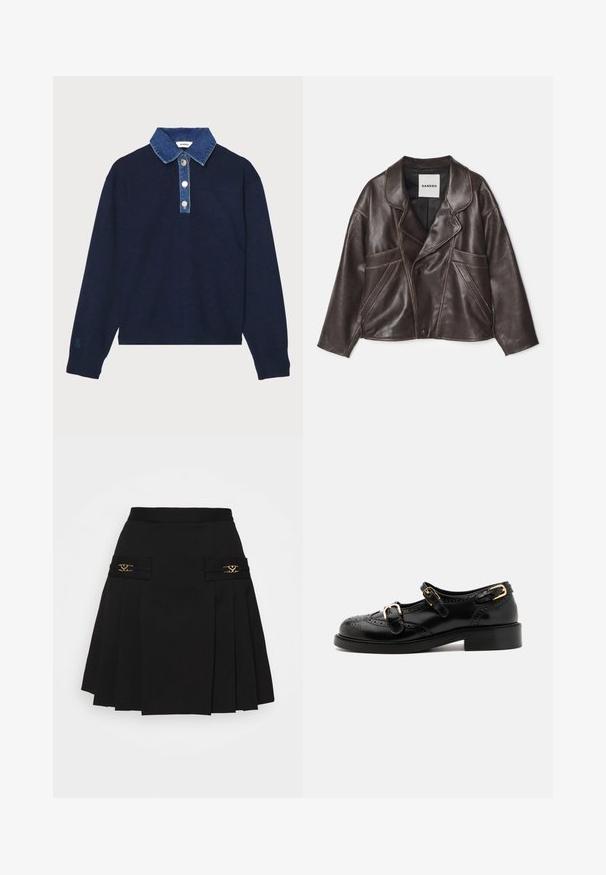 Ruskea nahkatakki, jossa on viistetty kaulus, epäsymmetrinen napitus ja korostetut sivutaskut. Korostaa kontrastivärisiä ompelutarkkuuksia.; sandro DAMIEN - Neule - marine; Musta laskostettu hame kullansävyisillä yksityiskohdilla. Sivutaskut logotiedoilla, valmistettu sileästä materiaalista. A-linjainen siluetti.; Musta nahkakengät brogue-yksityiskohdilla, joissa on kaksi solkea, pyöristetty kärki ja matala korko. Sileä pinta kiiltävällä viimeistelyllä.