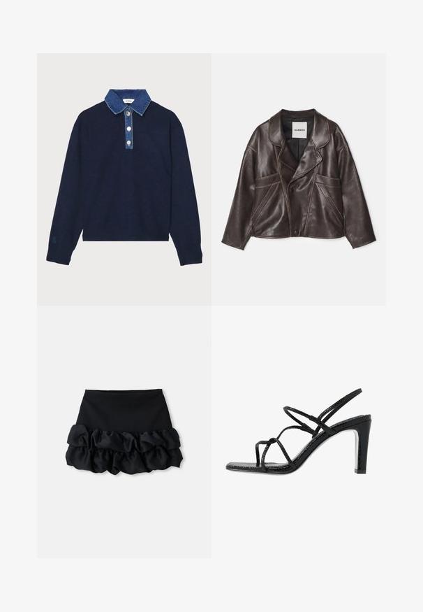 Brązowa skórzana kurtka z wyprofilowanym kołnierzem, asymetrycznym zapięciem na guziki i wyraźnymi kieszeniami bocznymi. Posiada kontrastowe detale w przeszyciach.; sandro DAMIEN granatowy; Czarna mini spódnica z dopasowanym topem i trzema warstwami falban u dołu, o gładkiej teksturze i prostych liniach.; Czarne sandały na obcasie z cienkimi paskami, teksturowanym wykończeniem, otwartym palcem oraz eleganckim, spiczastym kształtem obcasa. Posiadają gładką wkładkę oraz błyszczącą powierzchnię.