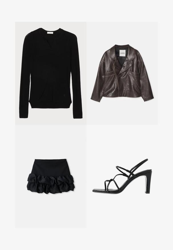Rudas odinė striukė su įpjautu apykakle, asimetrišku mygtukų uždarymu ir ryškiai matomais šoniniais kišenėmis. Turtinga kontrastinga siuvinėjimo detalė.; sandro Džemperis - noir; Juoda mini sijonas su prigludusia viršutine dalimi ir trimis raukšlėto audinio sluoksniais apačioje, su lygiu paviršiumi ir švariais kontūrais.; Juodi aukšti sandalai su plonomis dirželėmis, tekstūruotu paviršiumi, atvira kojų pirštų dalimi ir elegantišku, smailiu kulnu. Yra lygus įdėklas ir blizgus paviršius.