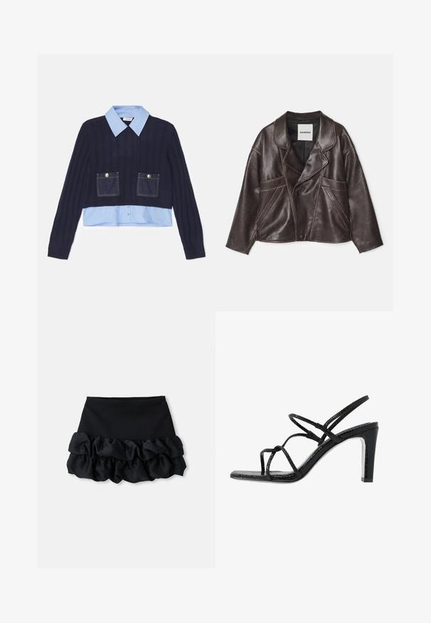 Smeđi kožni jakna s ovalnim ovratnikom, asimetričnim zatvaranjem na gumbe i istaknutim bočnim džepovima. Sadrži kontrastne detalje šivanja.; sandro JULES - Vesta - marine; Sivi pleteni kardigan kratkih rukava s uzorkom pletenice, sa denimbra šalom i pet zlatnih gumba sprijeda.; Crna mini suknja s uskim gornjim dijelom i tri sloja nabranog materijala na dnu, s glatkom teksturom i čistim linijama.; Crne sandale na visokoj peti s tankim trakama, teksturiranom završnom obradom, otvorenim nožnim prstima i elegantnim, šiljastim dizajnom pete. Imaju glatku unutrašnjost i sjajnu površinu.