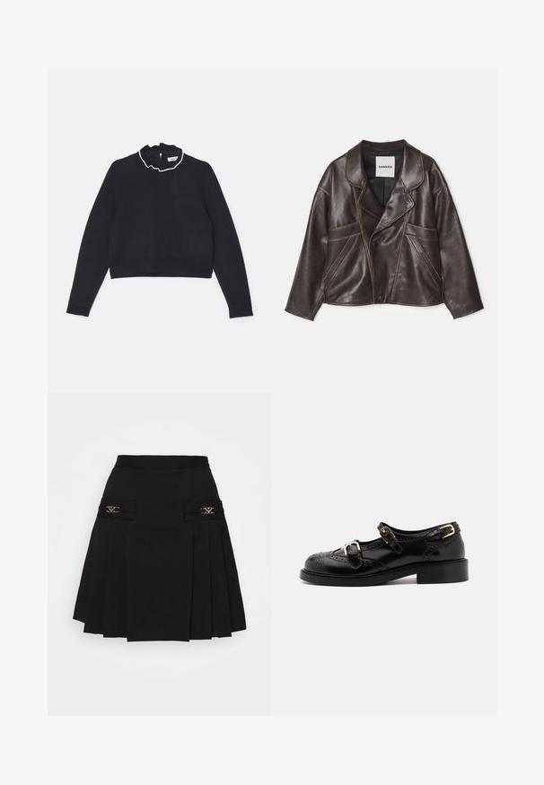 Brun læderjakke med en notch-krave, asymmetrisk knaplukning og fremtrædende sidelommer. Har kontrasterende syninger.; Sort cropped sweater, strikstruktur, lange ærmer, flæsedetalje ved kraven med en perleaccent, lynlås lukning bagpå.; Sort plisseret nederdel med guldhardware. Har sidelommer med logo-detaljer, lavet af glat materiale. A-formet silhuet.; Sorte lædersko med brogue-detaljer, der har to spænder, rund tå og lav hæl. Glat tekstur med blank finish.