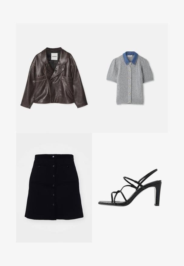 Chaqueta de cuero marrón con un cuello con muesca, cierre de botones asimétrico y bolsillos laterales prominentes. Presenta detalles de costura en contraste.; Cárdigan gris de punto y manga corta con un patrón de trenzas, que presenta un cuello de mezclilla y cinco botones dorados en la parte delantera.; sandro JUPE TRAPEZE POCHES - Falda acampanada - noir; Sandalias de tacón negro con cintas finas, un acabado texturizado, punta abierta y un diseño de tacón afilado y elegante. Presenta una plantilla suave y una superficie brillante.