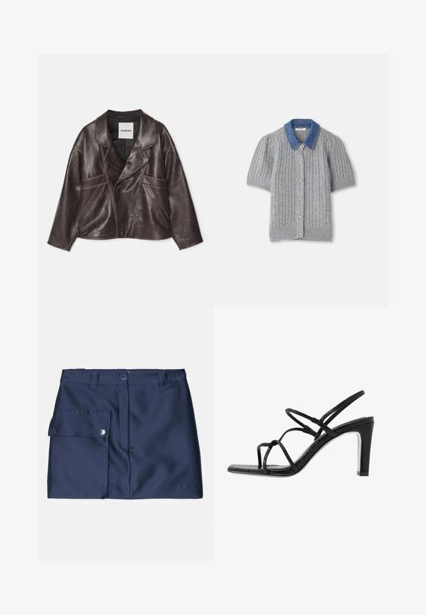 Veste en cuir marron avec un col cranté, une fermeture à boutons asymétrique et des poches latérales bien en évidence. Présente des détails de couture contrastants.; Cardigan gris en tricot à manches courtes avec un motif en treillis, doté d'un col en denim et de cinq boutons dorés sur le devant.; Jupe bleu marine à texture lisse, dotée d'une poche latérale et d'une fermeture à bouton. Design ajusté avec une coupe droite et une taille.; Sandales noires à talons avec des fines lanières, une finition texturée, bout ouvert et un design de talon pointu et élégant. Équipées d'une semelle intérieure lisse et d'une surface brillante.