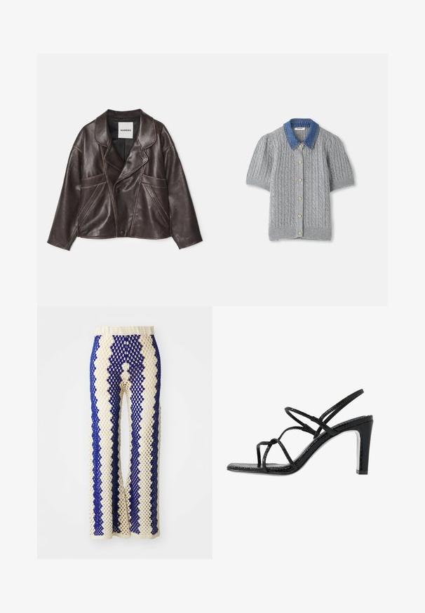 Ruskea nahkatakki, jossa on viistetty kaulus, epäsymmetrinen napitus ja korostetut sivutaskut. Korostaa kontrastivärisiä ompelutarkkuuksia.; Harmaa neulottu lyhythihainen kardigan, jossa on kaapelikuvio, denimikaulus ja viisi kultanappia edessä.; Valkoiset ja tummansiniset virkatut leveälahkeiset housut, joissa on geometrinen kuosi, elastinen vyötärö ja avoin rakenteinen pinta kauttaaltaan.; Mustat korkokengät avonaisilla varpailla, ohuilla remmeillä, teksturoidulla pinnalla ja tyylikkäällä, teräväkärkisellä korolla. Sisältää sileän sisäpohjan ja kiiltävän pinnan.