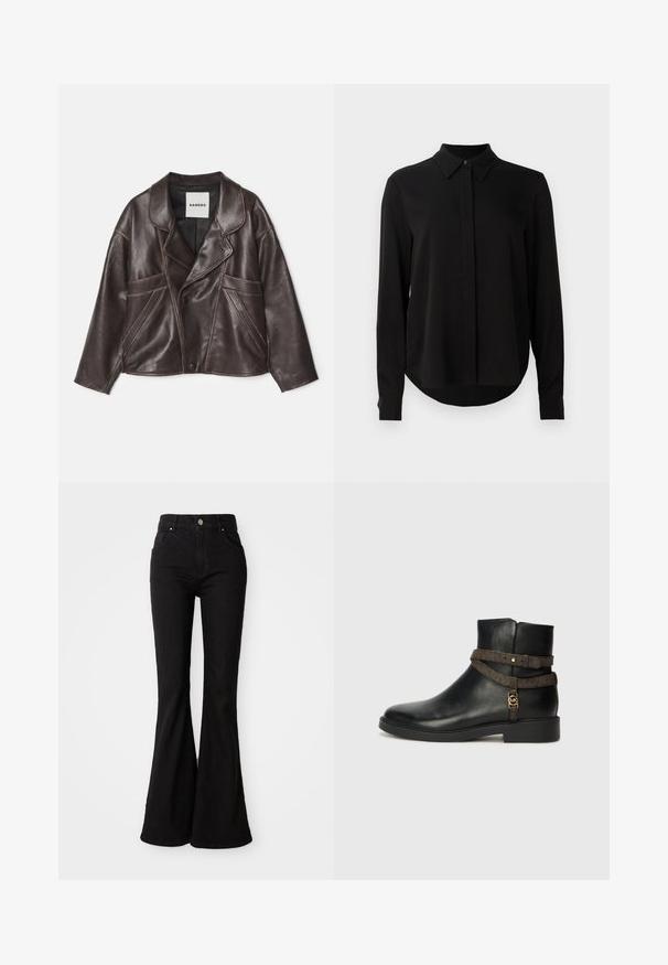 Brun läderjacka med en notchad krage, asymmetrisk knappstängning och framträdande sidofickor. Har kontrasterande sömdetaljer.; Svart långärmad blus med spetsig krage, dold knappslå och rundad nederkant mot en enfärgad vit bakgrund.; Svarta utsvängda jeans i denim med hög midja, knäppning, och klassisk femficksdesign. Slät textur och enhetlig färg.; Svart läderankelboot med platt sula, med ett brunt mönstrat rem och detalj i guldton. Slät yta.