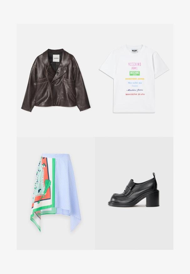 Barna bőrdzseki, kitüntetett gallérral, asszimmetrikus gombzárral és kiemelkedő oldalsó zsebekkel. Kontrasztos varrási részletekkel rendelkezik.; Fehér pamut póló, amelyen több színű (rózsaszín, zöld, sárga, kék és piros) felirat található, vertikálisan elrendezve az elején.; Aszimmetrikus szoknya kék függőleges csíkokkal, virágmintás panellel és élénk színekkel, mint a zöld és narancs.; Fekete bőr magassarkú cipők kerek orral, kiemelkedő pánttal a lábfejen és tömzsi sarokkal. Simáld textúra, minimális varrással.