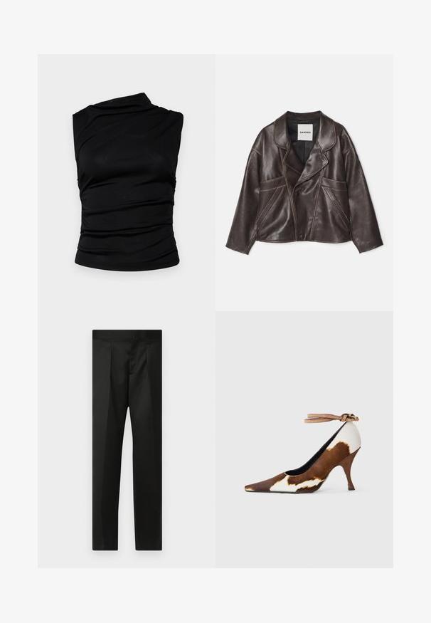 Jachetă din piele maro cu guler tăiat, închidere asimetrică cu nasturi și buzunare laterale proeminente. Prezintă detalii de cusătură contrastante.; Top negru fără mâneci, cu un decolteu asimetric, având material adunat pentru textură și o siluetă ajustată. Material neted, elastic.; Pantaloni negri cu un material neted, design croit, picioare drepte și un talie plată fără închideri sau buzunare vizibile.; Pantofii cu toc înalt, cu imprimeu de vacă maro și alb, au vârful ascuțit, o suprafață texturată și o curea pentru gleznă cu o cataramă de culoare maro deschis.