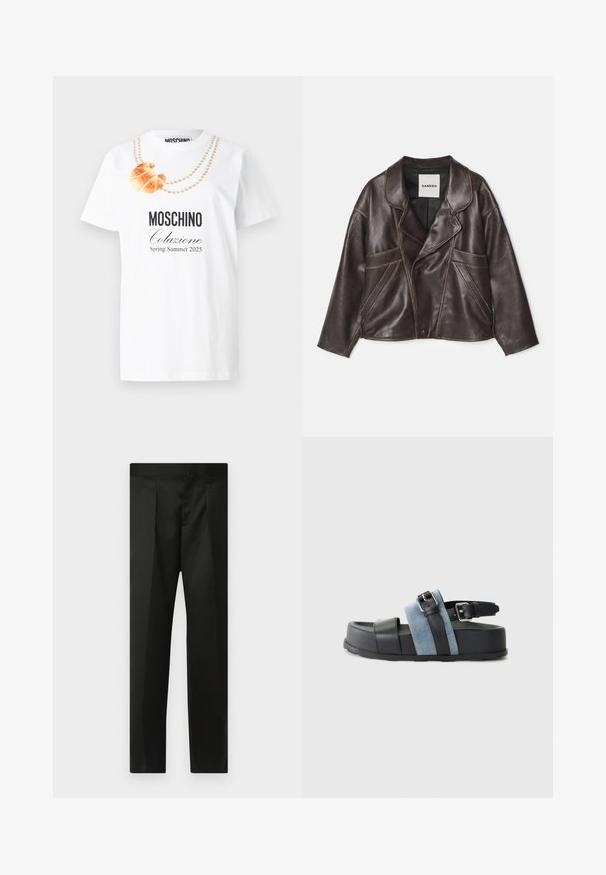 Jachetă din piele maro cu guler tăiat, închidere asimetrică cu nasturi și buzunare laterale proeminente. Prezintă detalii de cusătură contrastante.; Tricou alb din bumbac, cu un print ce prezintă un croissant și un design cu colier din perle, având textul "MOSCHINO Colazione Primăvară Vară 2025".; Pantaloni negri cu un material neted, design croit, picioare drepte și un talie plată fără închideri sau buzunare vizibile.; Sandală neagră și albastră cu o platformă groasă, din material din piele și denim, cu cataramă reglabilă și design cu vârf deschis.