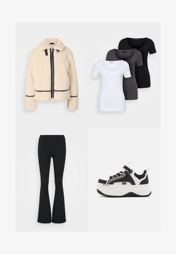 Chaqueta de teddy de color crema, esponjosa, con cierre de cremallera frontal, cremallera negra y detalles de cuero. Presenta un suave cuello con solapas y mangas anchas.; Tres camisetas ajustadas en blanco, gris y negro. Cada una cuenta con un escote amplio y mangas cortas. Están hechas de una tela suave y elástica.; Pantalones negros de campana hechos de una tela elástica, con una cintura alta y una textura suave. Los pantalones se ensanchan desde la rodilla.; Zapatillas de plataforma con un diseño en blanco y negro, detalles de malla, texturizados y un logotipo prominente en el lateral.
