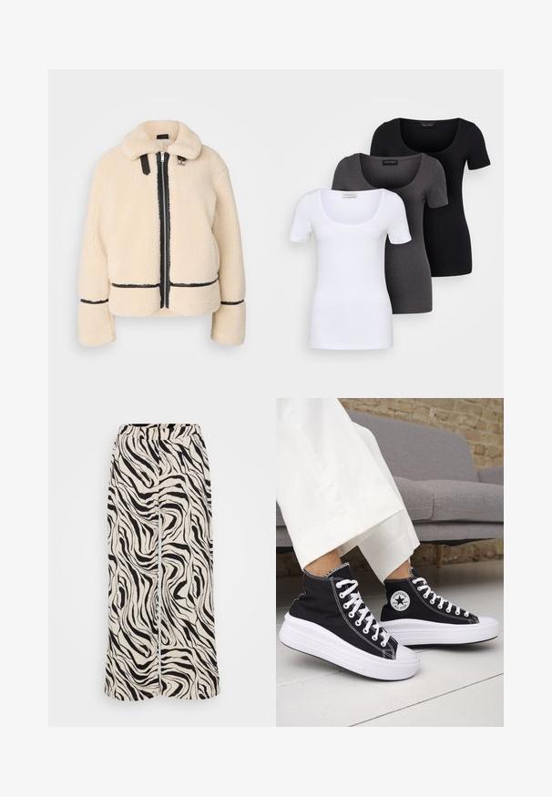 Cream-colored, fluffy teddy jacket with a zip front, black zipper, and leather accents. Features a soft, collared neck and wide sleeves.; Three fitted T-shirts in white, gray, and black. Each features a wide scoop neckline and short sleeves. Made from smooth, stretchy fabric.; Wide-leg trousers made of lightweight fabric, featuring a black and white zebra print. Elastic waistband and smooth texture.; Black high-top sneakers with white rubber soles and laces. Features a round logo patch and contrasting white stitching. Canvas material.