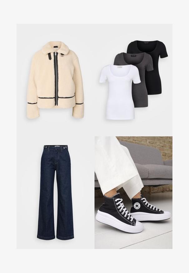 Kreminės spalvos, pūkuota meškiuko striukė su užtrauktuku priekyje, juodu užtrauktuku ir odinėmis detalėmis. Pasižymi minkštu apykakle ir plačiomis rankovėmis.; Trys priderinti marškiniai: balti, pilki ir juodi. Kiekvienas turi plačią apvalią iškirptę ir trumpas rankoves. Pagaminti iš lygaus, tamprių audinio.; Tamsiai mėlynos aukštu liemeniu plačios kojų džinsai su mygtukų reguliatoriais ant liemens, priekinių kišenių ir užtrauktuko uždarymu.; Juodi aukštakulniai sportbačiai su baltais guminiu padu ir raišteliais. Ant jų yra apvalus logotipo lopas ir kontrastingos baltos siūlės. Pagaminti iš drobės medžiagos.