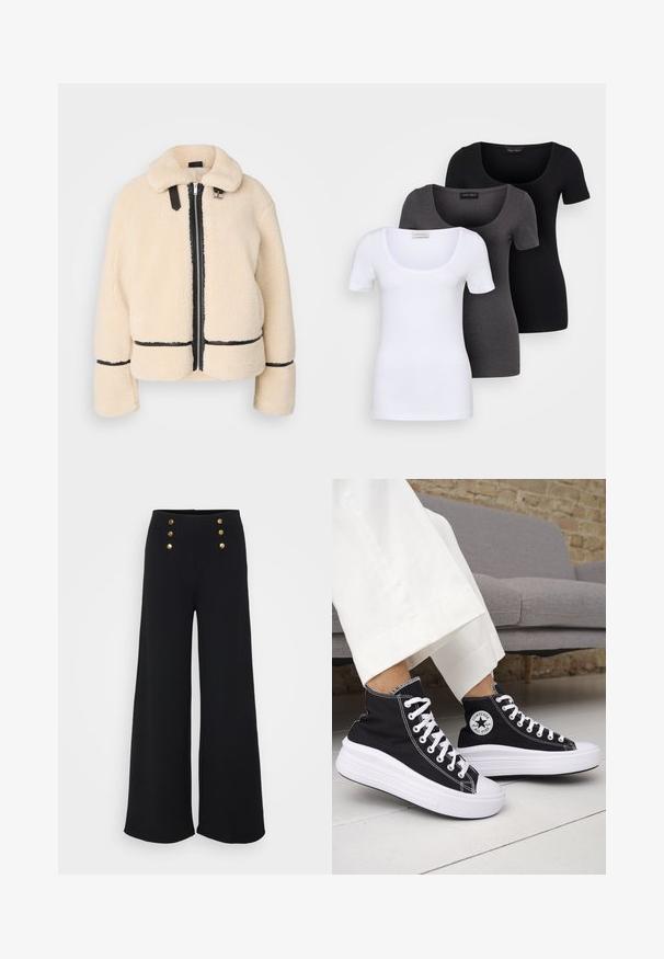 Cream-colored, fluffy teddy jacket with a zip front, black zipper, and leather accents. Features a soft, collared neck and wide sleeves.; Three fitted T-shirts in white, gray, and black. Each features a wide scoop neckline and short sleeves. Made from smooth, stretchy fabric.; Wide-leg black trousers featuring a smooth texture, high waist, and four gold buttons at the front, designed for a tailored fit.; Black high-top sneakers with white rubber soles and laces. Features a round logo patch and contrasting white stitching. Canvas material.