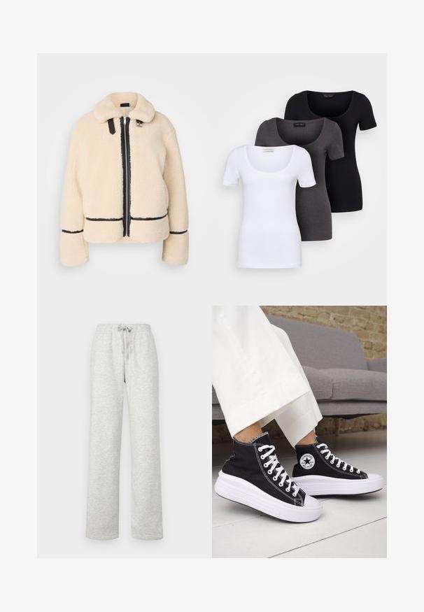 Jachetă pufoasă de culoare crem, cu fermoar în față, fermoar negru și accente din piele. Dispune de un guler moale și ochelari largi.; Trei tricouri ajustate, în alb, gri și negru. Fiecare are un decolteu larg în formă de cerc și mâneci scurte. Fabricate dintr-un material neted și elastic.; Gina Tricot Tall BASIC STRAIGHT - Pantaloni de trening - grey; Adidași negri înalți cu tălpi și șireturi albe din cauciuc. Prezintă o pată logo rotundă și cusături albe contrastante. Material din pânză.