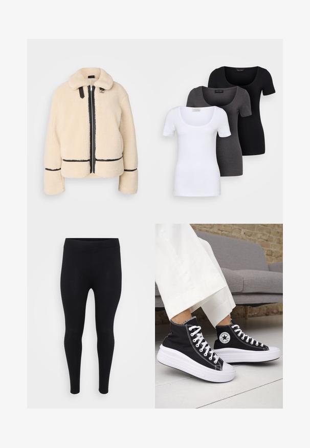 Kremowy, puszysty teddy jacket z zamkiem z przodu, czarnym zamkiem błyskawicznym i skórzanymi detalami. Posiada miękki, kołnierzyk oraz szerokie rękawy.; Trzy dopasowane koszulki w kolorze białym, szarym i czarnym. Każda z nich ma szeroki dekolt w serek i krótkie rękawy. Wykonana z gładkiego, elastycznego materiału.; Czarne legginsy o gładkiej fakturze, wysokim stanie i dopasowanym kroju. Zawierają subtelne detale po bokach wzdłuż szwów.; Czarne trampki typu high-top z białą gumową podeszwą i sznurówkami. Posiadają okrągłą naszywkę z logo oraz kontrastujące białe przeszycia. Wykonane z materiału płóciennego.