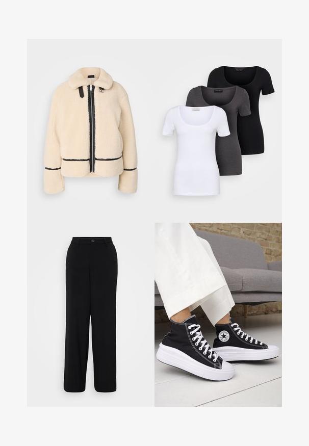 Kreemi värvi, kohev karujakk, millel on lukuga eesmine külg, must tõmblukk ja nahast detailid. Omab pehmet, kraed ja laiu käiselisi.; Kolm mugavat T-särki valges, hallis ja mustas värvitoonis. Igal särgil on lai madal kaelus ja lühikesed varrukad. Valmistatud siledast, venivast kangast.; Mustad laiad püksid, mis on valmistatud siledast kangast. Omavad vöökohta, millel on nupukinnitus, ja esipainutuse detailid.; Mustad kõrge säärega tossud valgete kummist tallade ja paeltega. Omad ümmargust logomärki ja kontrastset valget õmblust. Materjaliks lõuend.