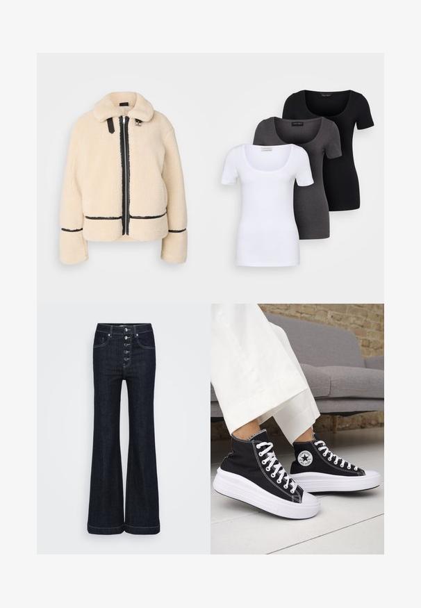 Cream-colored, fluffy teddy jacket with a zip front, black zipper, and leather accents. Features a soft, collared neck and wide sleeves.; Three fitted T-shirts in white, gray, and black. Each features a wide scoop neckline and short sleeves. Made from smooth, stretchy fabric.; Dark denim flared jeans with a high waist, five front buttons, and contrasting white stitching along the seams and hem. Classic design.; Black high-top sneakers with white rubber soles and laces. Features a round logo patch and contrasting white stitching. Canvas material.