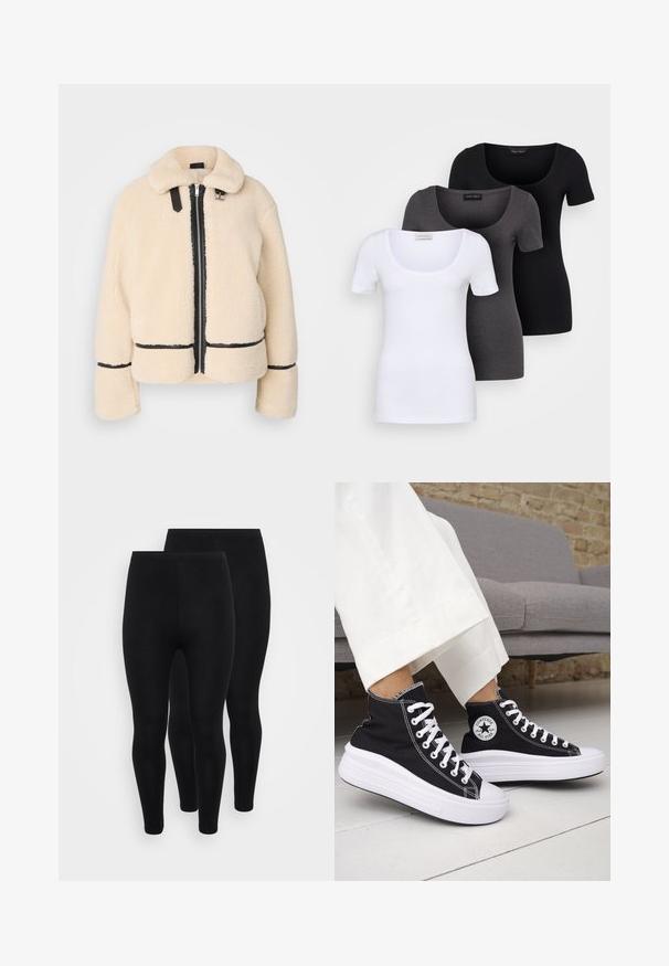 Kreemi värvi, kohev karujakk, millel on lukuga eesmine külg, must tõmblukk ja nahast detailid. Omab pehmet, kraed ja laiu käiselisi.; Kolm mugavat T-särki valges, hallis ja mustas värvitoonis. Igal särgil on lai madal kaelus ja lühikesed varrukad. Valmistatud siledast, venivast kangast.; Musthave mustread , on vajandus vaade . Kaks paari on esitatud.; Mustad kõrge säärega tossud valgete kummist tallade ja paeltega. Omad ümmargust logomärki ja kontrastset valget õmblust. Materjaliks lõuend.