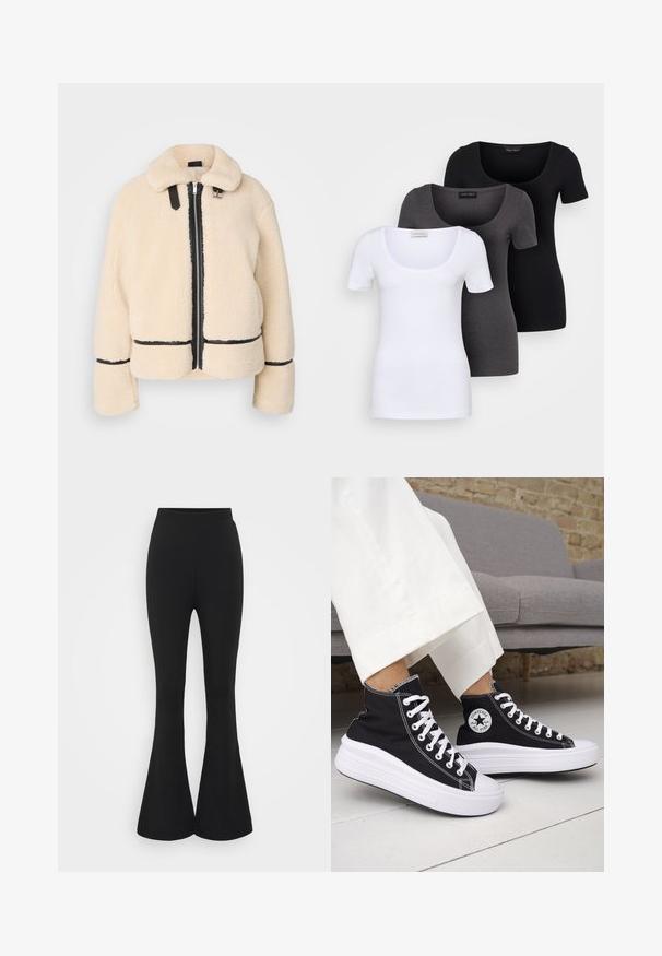 Chaqueta de teddy de color crema, esponjosa, con cierre de cremallera frontal, cremallera negra y detalles de cuero. Presenta un suave cuello con solapas y mangas anchas.; Tres camisetas ajustadas en blanco, gris y negro. Cada una cuenta con un escote amplio y mangas cortas. Están hechas de una tela suave y elástica.; Pantalones negros acampanados hechos de un tejido elástico. El diseño cuenta con una cintura alta y un dobladillo acampanado que se abre por debajo de la rodilla.; Zapatillas altas negras con suelas de goma blancas y cordones blancos. Presentan un parche redondo con logo y costuras blancas contrastantes. Material de lona.