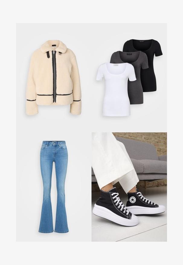 Jachetă pufoasă de culoare crem, cu fermoar în față, fermoar negru și accente din piele. Dispune de un guler moale și ochelari largi.; Trei tricouri ajustate, în alb, gri și negru. Fiecare are un decolteu larg în formă de cerc și mâneci scurte. Fabricate dintr-un material neted și elastic.; Jeans evazate de culoare albastru deschis, confecționate din denim, cu embellismente subtile din strasuri, design cu cinci buzunare și închidere cu funda în talie.; Adidași negri înalți cu tălpi și șireturi albe din cauciuc. Prezintă o pată logo rotundă și cusături albe contrastante. Material din pânză.