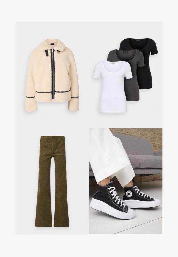 Cream-colored, fluffy teddy jacket with a zip front, black zipper, and leather accents. Features a soft, collared neck and wide sleeves.; Three fitted T-shirts in white, gray, and black. Each features a wide scoop neckline and short sleeves. Made from smooth, stretchy fabric.; Olive green corduroy flared pants with a button closure and zip fly. Features front pockets and a soft, textured surface.; Black high-top sneakers with white rubber soles and laces. Features a round logo patch and contrasting white stitching. Canvas material.