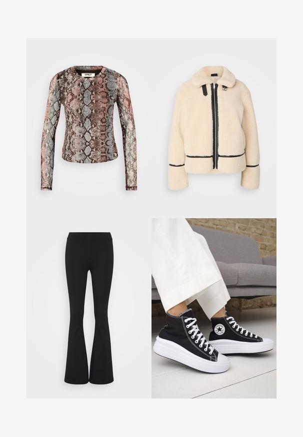 Kremfarget, fluffy teddy-jakke med glidelås foran, svart glidelås og lærdetaljer. Har en myk, kraget hals og vide ermer.; Langermet topp med et flerfarget slangeskinnmønster i nyanser av rosa, grått og brunt. Laget av et elastisk, lett stoff.; Svarte flared bukser laget av elastisk stoff, med høy midje og en glatt tekstur. Buksene vidder ut fra kneet.; Svarte høye sneakers med hvite gummisåler og lisser. Har et rundt logo-merke og kontrasterende hvite sømmer. Laget av lerret.